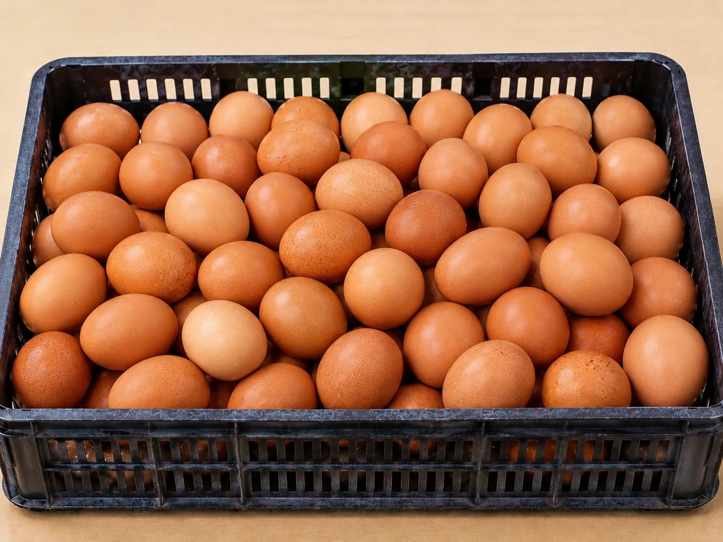 A crate full of brown eggs